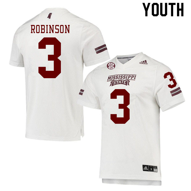 Youth #3 Justin Robinson Mississippi State Bulldogs College Football Jerseys Stitched Sale-White